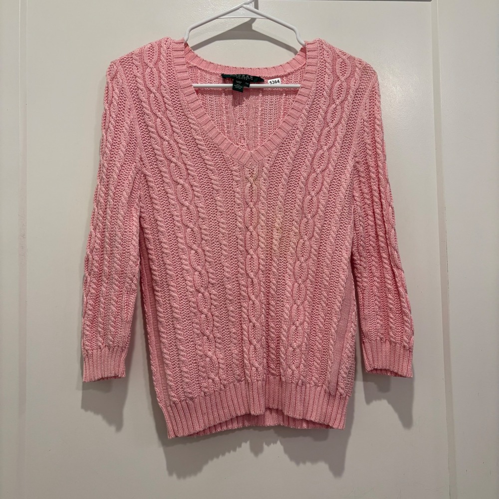 Lauren Ralph Lauren Petite Pink Cable Knit V-Neck Cotton Sweater P/P
